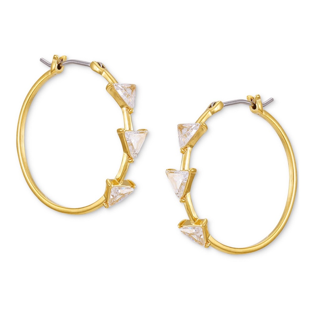 NEW!! Guess 14k Gold Ion-Plated Small Pavé Triangle Studded Hoop Earrings, 1"